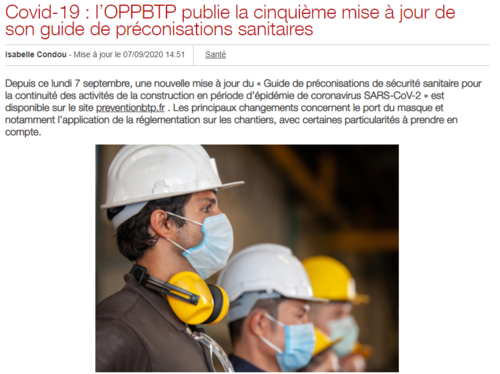Nouvelle mise &agrave; jour du guide de pr&eacute;conisations de l'OPPBTP.