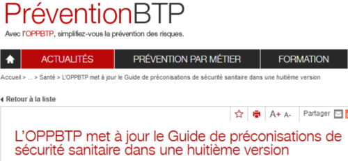 Mise &agrave; jour du guide de pr&eacute;conisations de l'OPPBTP