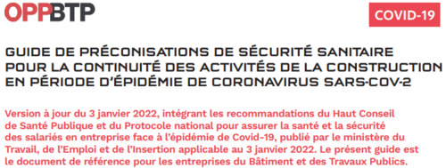 Mise à jour du guide de préconisation 'Sécurité sanitaire" de l'OPPBTP Mise à jour du guide de préconisation 'Sécurité sanitaire" de l'OPPBTP
